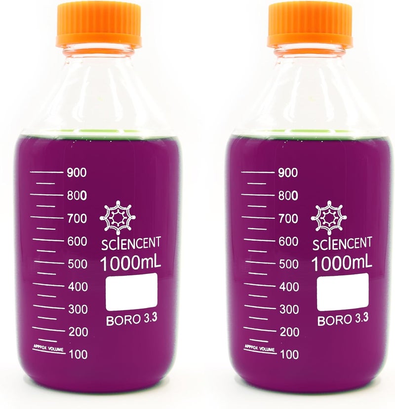 SCIENCENT WITH DEVICE (Pack of 2) 1000ml Leak Proof Glass Round Media Storage Bottle Super Thick Graduated with GL45 Screw Cap Durable 1 liter glass bottle - Image 1